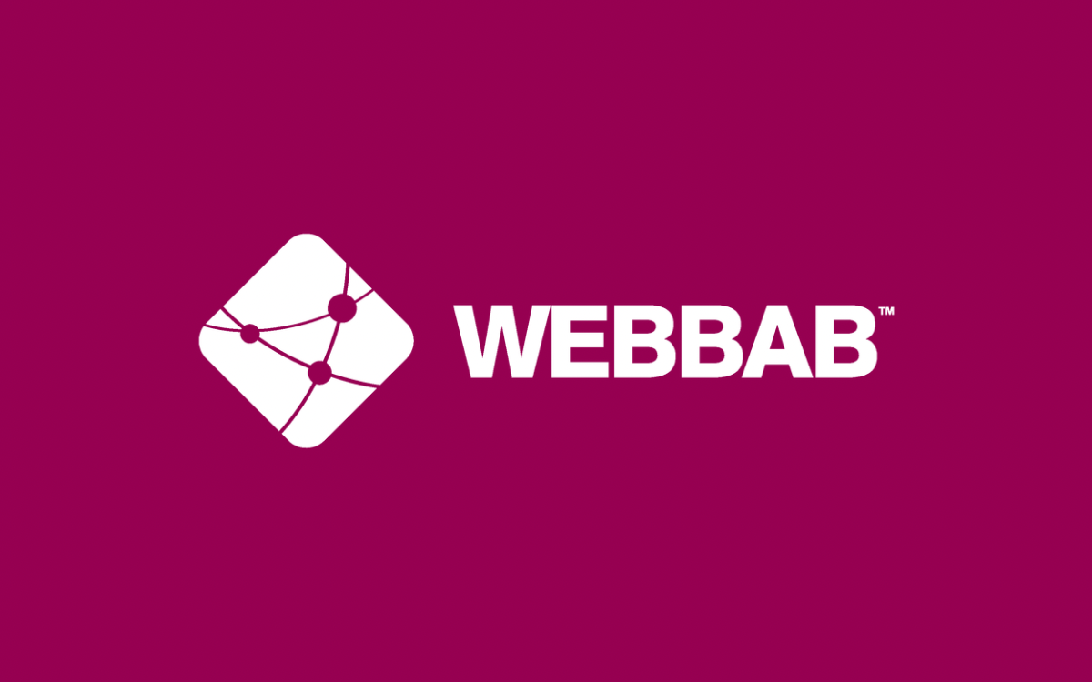 Webbyrån WEBBAB:s logotyp – en vit nätverkssymbol bredvid namnet på vinröd bakgrund