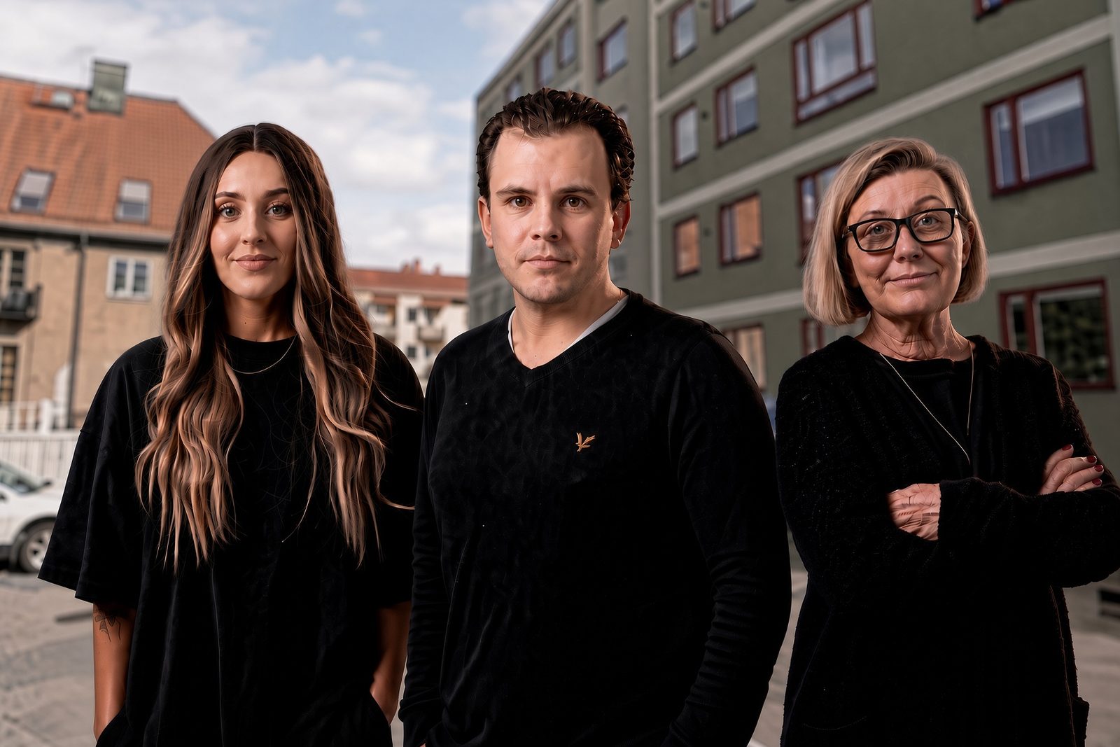 Tre medarbetare på Cixma Group, klädda i svart, står utomhus framför flerbostadshus i Gävle